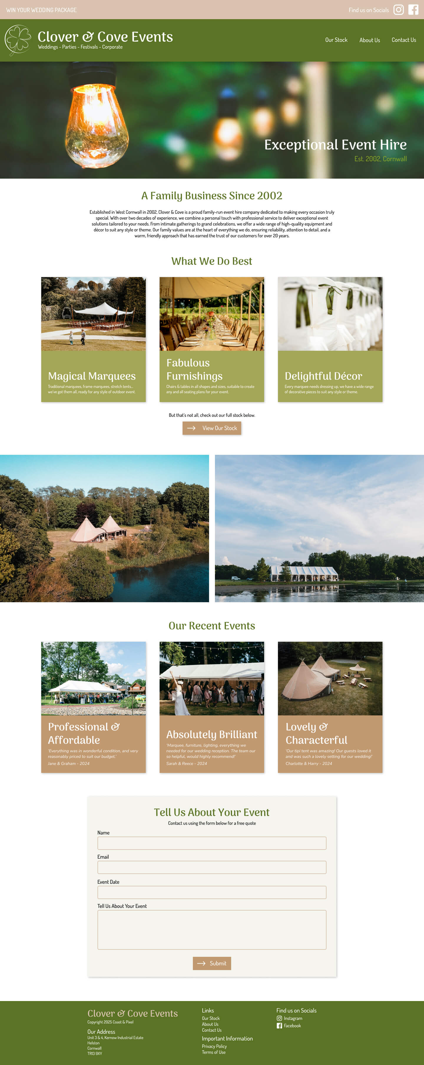 Home page design for Cornish event hire business