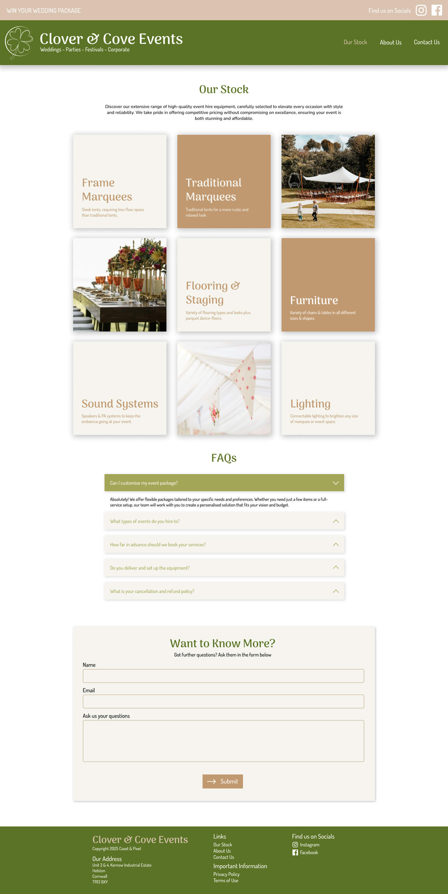 Stock page for Cornish event hire business