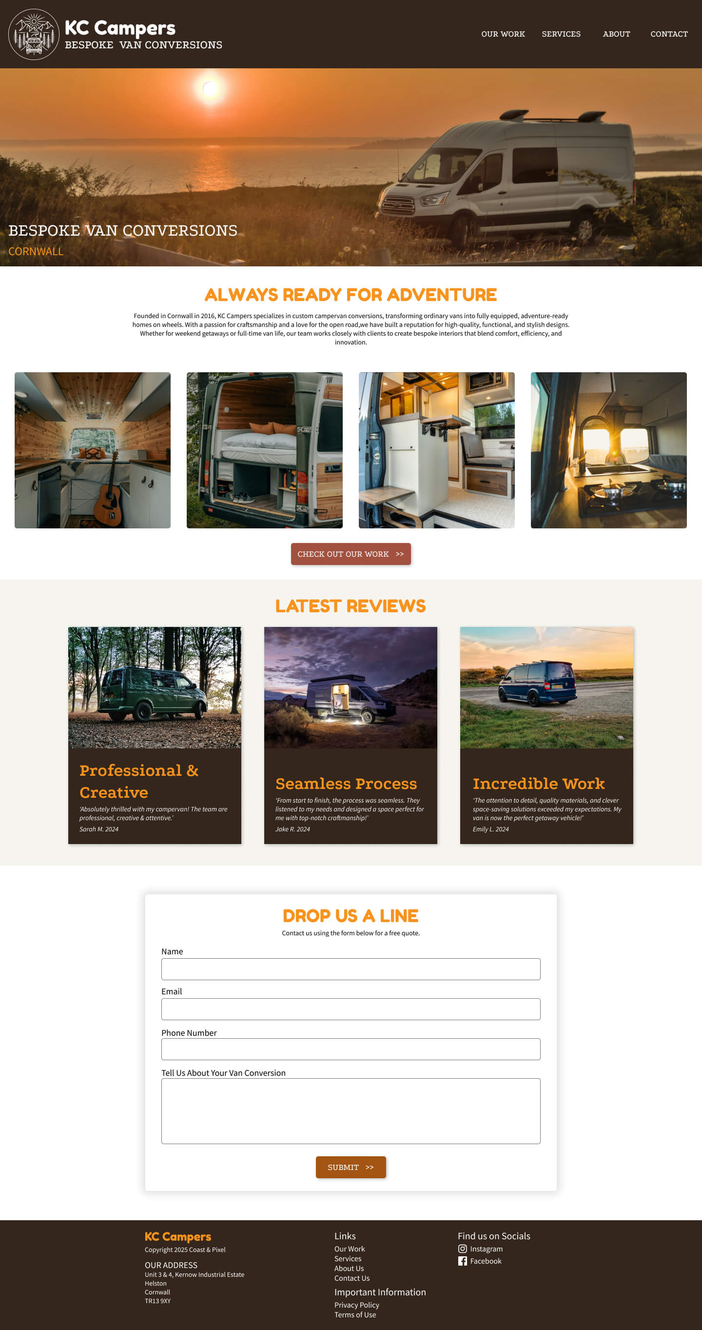 Responsive home page design for van conversion start-up