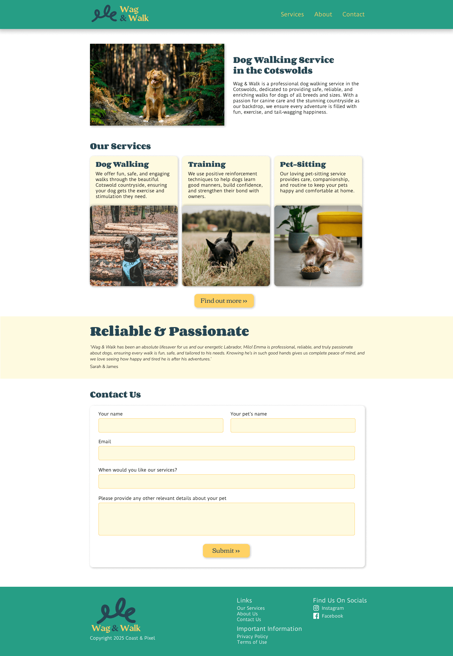 Responsive home page design for dog walking service